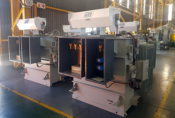 Four 16 MVA oil type distribution transformers produced at Zest WEGs transformer manufacturing facility in Wadeville