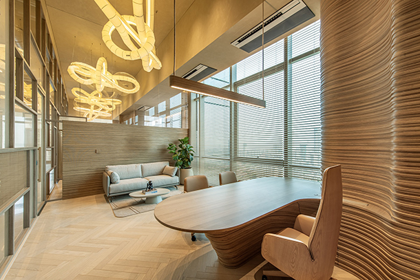 Sculptural lighting and sustainable materials illuminate this Mumbai based office