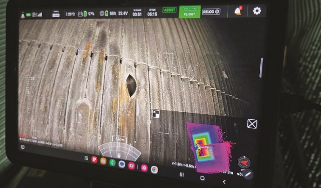 The Elios 3 drones live feed and thermal imaging identify a structural defect inside a power generation plant